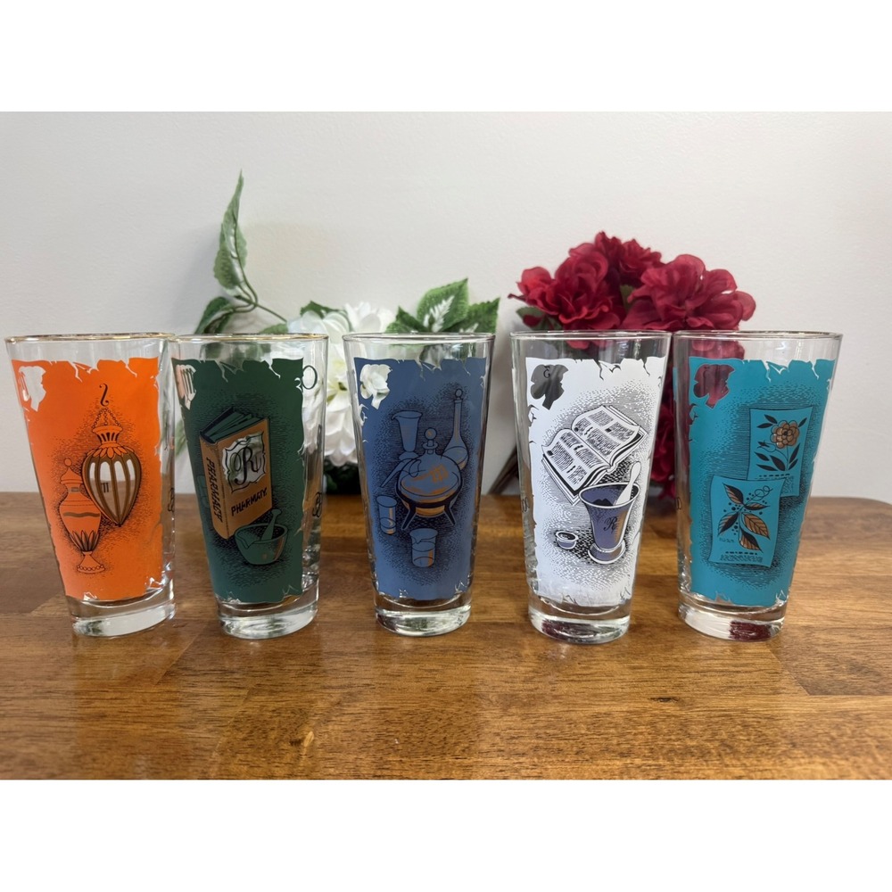 Vintage Libbey Rx Pharmacy Highball Glasses Set 5 Apothecary Design 1950s–1960s